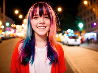 Wall Mural - Young beautiful girl with dyed unusual hair at evening street. Generative AI