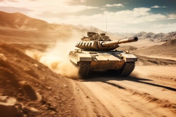 Motion shot image fo tank patrol through the desert, engaged in a thrilling border patrol. Generative Ai