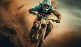 Fototapeta  - Big air mountain bike rider soaring through the dust