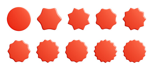 red starburst sticker 3d render set - collection of round sun burst or star shape badges for promo.