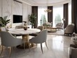 © itchaznong - Luxury dining room with a marble table, plush chairs and elegant decor, natural light. Generative AI