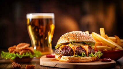 A generous cheeseburger with a pack of fries and a glass of beer. Traditional bar meal. A huge burger, golden potato fries and a cold beer. A traditional burger with cheese, bacon, lettuce, tomatoes a