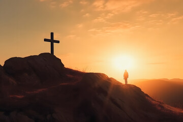 Easter Resurrection Concept: Cross on Hill Silhouette with Sun Rays