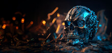 Evil Robot Metal Skull - AI Against Humanity War Theme. Generative AI