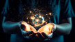 © puhimec - Hands show an atom on a dark blurred background, generative AI.