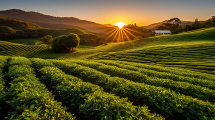 Wall Mural - Tea plantation landscape at sunrise. Generative Ai