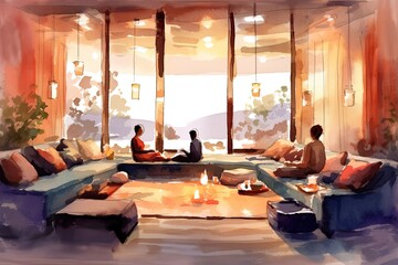 A cozy indoor space watercolor illustration - Generative AI.