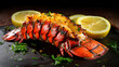 Traditional barbecue spiny lobster tail sliced and offered with saffron lemon sauce. Generative Ai