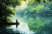 Peaceful Lakeside Watercolor Illustration - Generative AI.