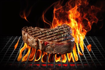 Beef Steak On Grill With Rosemary Pepper And Salt - Barbecue. Meat on grill with fire flames. Generative AI