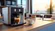 © Putra - Modern coffee machine with cup on counter in kitchen. Generative Ai