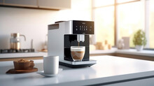 Modern coffee machine with cup on counter in kitchen. Generative Ai