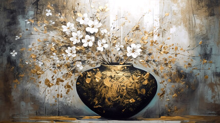 Floral background, flower painted with gold paint, generative AI.