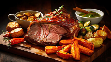 Beef rib roast with Yorkshire puddings and vegetables. Generative Ai