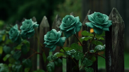 Wall Mural - Green roses by the fence. Generative AI