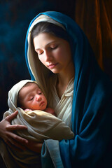 Wall Mural -  Holy Mary holding baby Jesus Christ in her arms. Graphic representation. AI generativ.