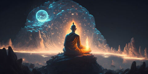 Wall Mural - astral yoga silhouette of human in cosmic space meditate. practicing transcendental spiritual medita