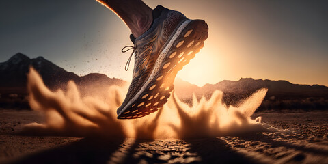 Rear view closeup sport shoe of racer in running on trail with dust. Banner sneaker fitness for track. Generation AI