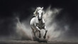 White horse run forward in dust on dark background. Generative Ai