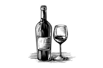 Wine bottle and glass. Hand drawn engraving sketch style vector illustrations.