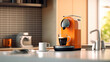 © Putra - Modern coffee machine with cup on counter in kitchen. Generative Ai