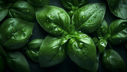 Wall Mural - Green Basil Leaves with Water Drops Generative AI