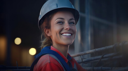 Wall Mural - Rebar and Concrete: Female Construction Worker in Blue, Smiling. Generative AI