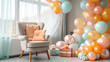 Beautiful decoration armchair and balloons for a baby shower party. Generative Ai