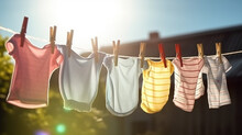 Children's Clothes Are Dried On A Line. Generative AI