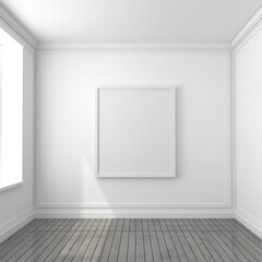 Wall Mural - Simple white wooden frame with empty white mockup picture. White room, sun shadows, huge windows. Scandinavian or minimal interior design mock up presentation. Generated AI.