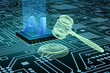 Alphabets AI on advanced central processing unit (CPU) chip and gavel and sound block in wireframe on electronic mother boards. Illustration of the concept of legislation and regulations of AI Act