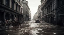 Catastrophic Flood In A European City. Water Flooded The Streets.