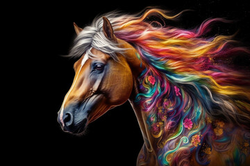Poster - A regal horse with a flowing mane and coat painted with elegant drips of vibrant colors, capturing the grace and elegance of these majestic creatures. Generative AI technology.