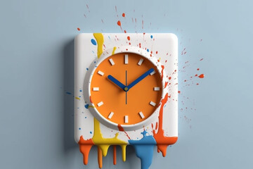 Wall Mural - A minimalist wall clock with subtle paint drips on the face, adding a unique and artistic touch to a functional home decor piece. Generative AI technology.