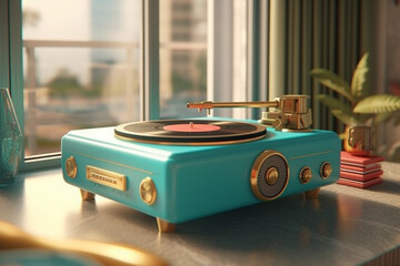 Fototapete - A vintage-inspired record player in a vibrant shade of turquoise, featuring a wooden casing and brass accents, evoking a sense of nostalgia and retro charm. Generative AI technology.