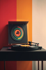 Fototapete - A classic turntable with a sleek black finish, accompanied by a stack of vinyl records and a vintage-style needle, capturing the timeless appeal of analog music.  Generative AI technology.