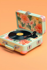 Fototapete - A portable suitcase record player in a retro floral pattern, allowing music enthusiasts to enjoy their favorite vinyl records anywhere they go. Generative AI technology.