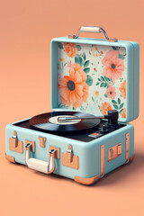 Fototapete - A portable suitcase record player in a retro floral pattern, allowing music enthusiasts to enjoy their favorite vinyl records anywhere they go. Generative AI technology.