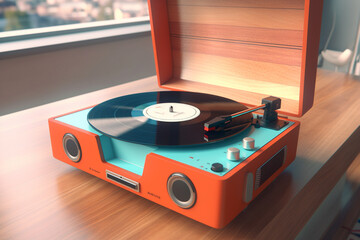 Fototapete - A vintage record player with a wooden base and chrome accents, featuring a modern twist with built-in Bluetooth connectivity for wireless playback. Generative AI technology.