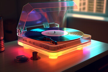 Canvas Print - A retro-inspired record player with a transparent acrylic plinth and LED-lit turntable, creating a mesmerizing visual experience while playing vinyl records.  Generative AI technology.