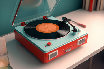 Fototapete - A vintage-inspired record player with a built-in amplifier and speakers, offering a compact all-in-one solution for vinyl playback. Generative AI technology.