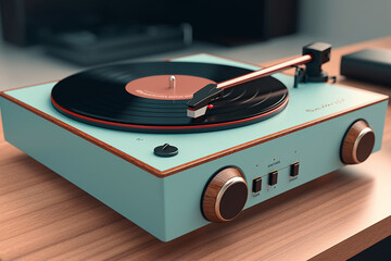 Fototapete - A record player with a retro-inspired design, featuring a solid wood construction and brass tonearm, combining timeless aesthetics,  Generative AI technology.
