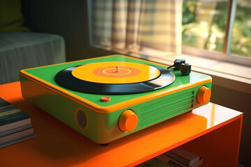 Wall Mural - A retro-inspired record player with a bright green finish, showcasing a playful and vibrant design that adds a pop of color to any room. Generative AI technology.