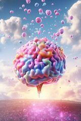 Poster - A dreamy pastel brain surrounded by fluffy clouds and floating stars, symbolizing imagination and creativity. Generative AI technology.