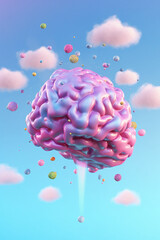 Poster - A dreamy pastel brain surrounded by fluffy clouds and floating stars, symbolizing imagination and creativity. Generative AI technology.