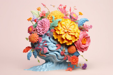 Poster - A pastel-colored brain with delicate floral patterns and blooming flowers, symbolizing growth and inspiration. Generative AI technology.