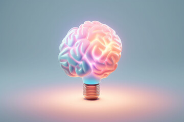 Aufkleber - A pastel-colored brain with softly glowing light bulbs, symbolizing the power of ideas and intellectual illumination.  Generative AI technology.
