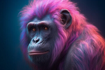 Poster - A pastel-colored Chimpanzee with a majestic mane, rendered in soft hues of pink, purple, and blue, exuding a serene and regal presence. Generative AI technology.