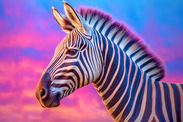 Poster - A pastel-colored Zebra with a majestic mane, rendered in soft hues of pink, purple, and blue, exuding a serene and regal presence. Generative AI technology.