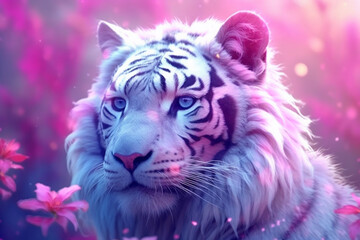 Poster - A pastel-colored Tiger with a majestic mane, rendered in soft hues of pink, purple, and blue, exuding a serene and regal presence. Generative AI technology.